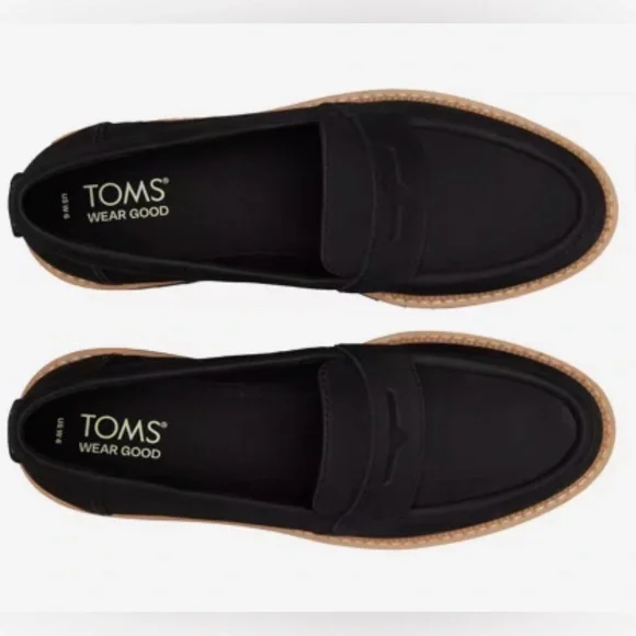 TOMS Cara Penny Loafer Lug Sole Black Leather Platform Slip On Comfy Women’s 10 - Picture 3 of 13